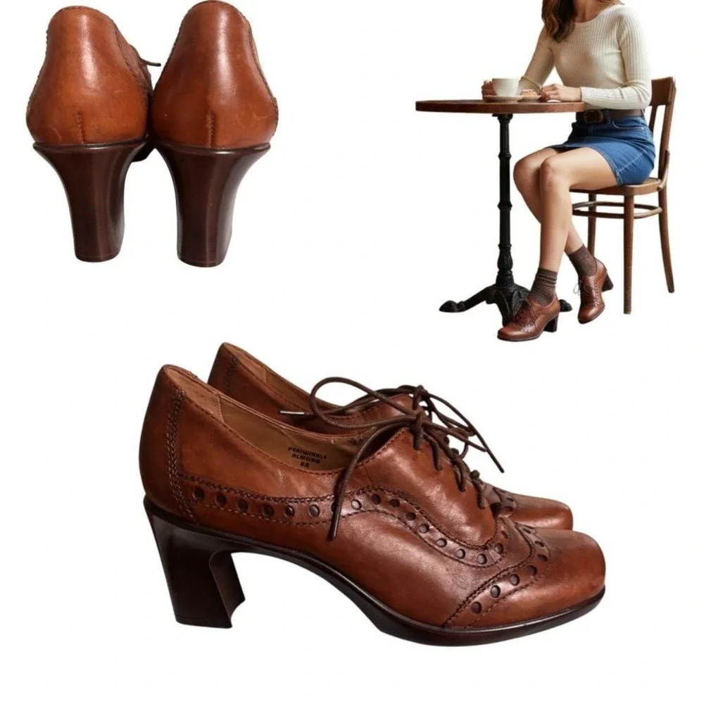 Y2K‎ VINTAGE BROWN LEATHER HEELED LACE UP OXFORDS EARTH SZ. 8 NEW